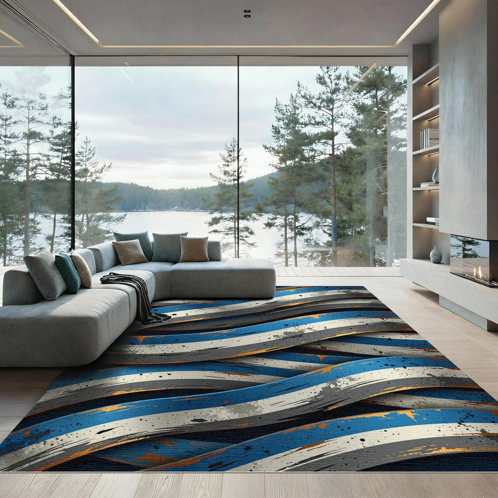 Abstract Navy and Gold Woven Ribbons Rug