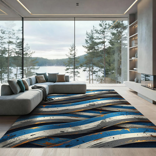 Abstract Navy and Gold Woven Ribbons Rug