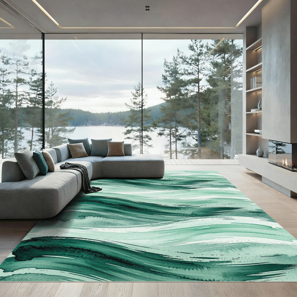 Deep Teal Abstract Brushstroke Waves Rug