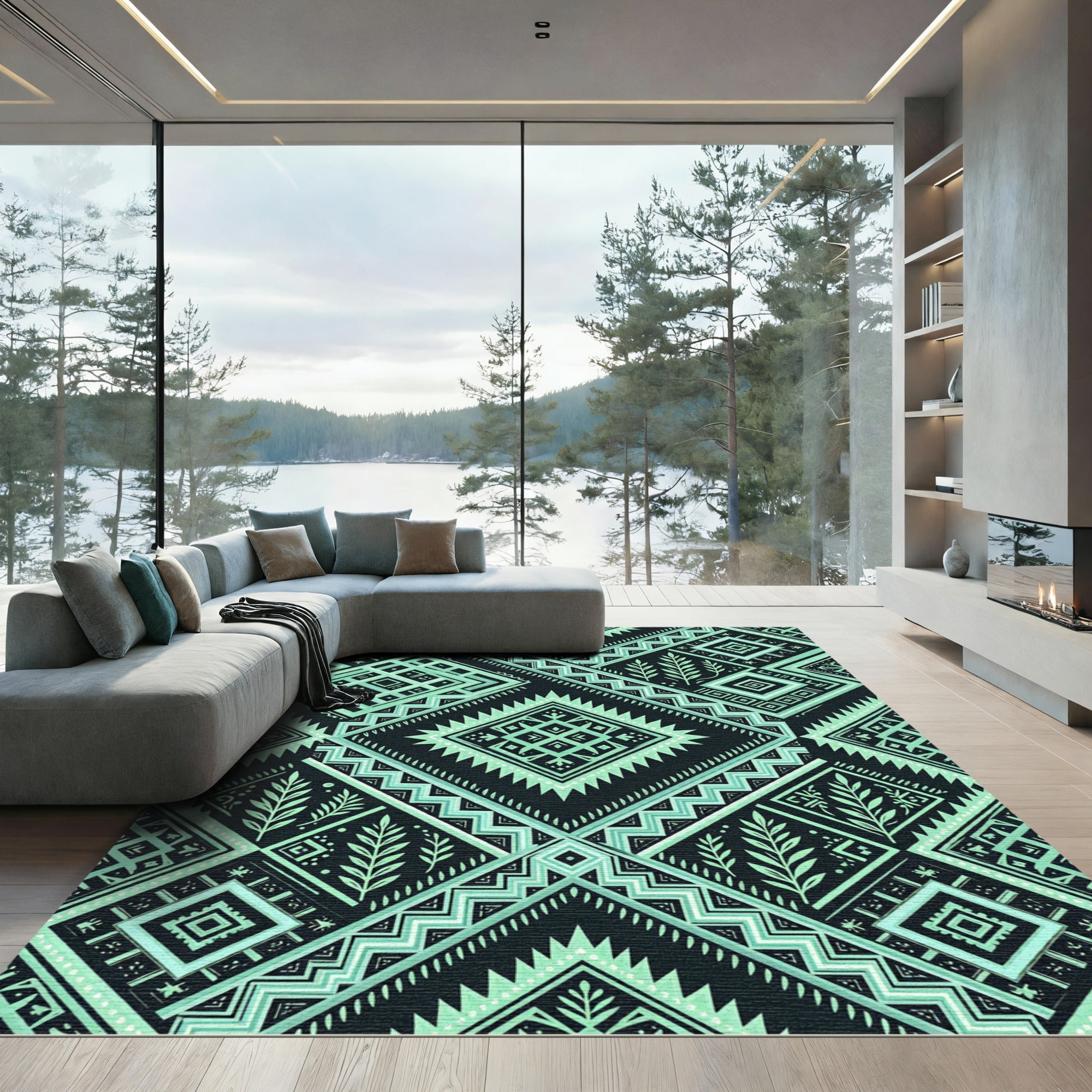 Geometric Sage and Black Diamond Art Rug