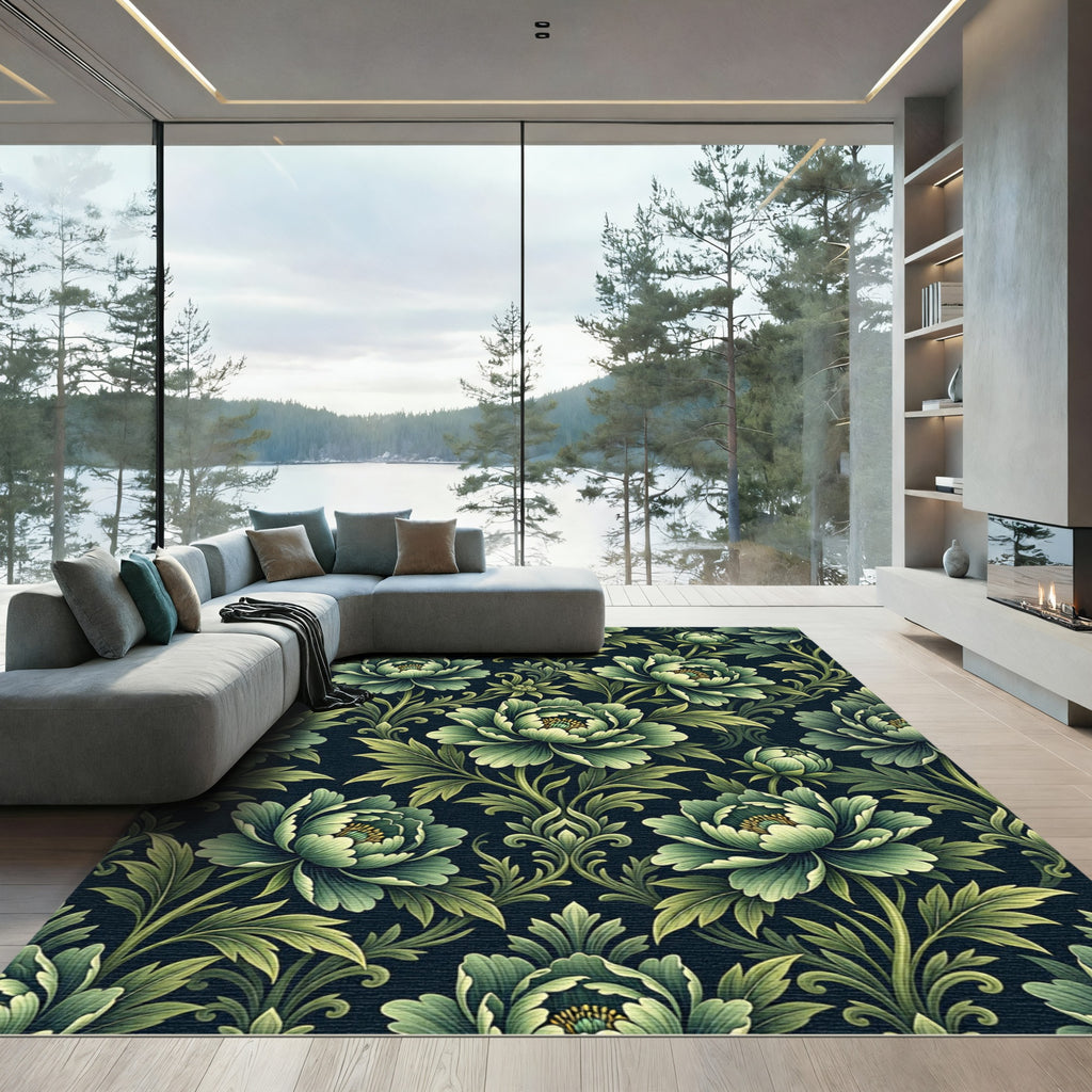 Dark Emerald Peony Botanical Damask Rug
