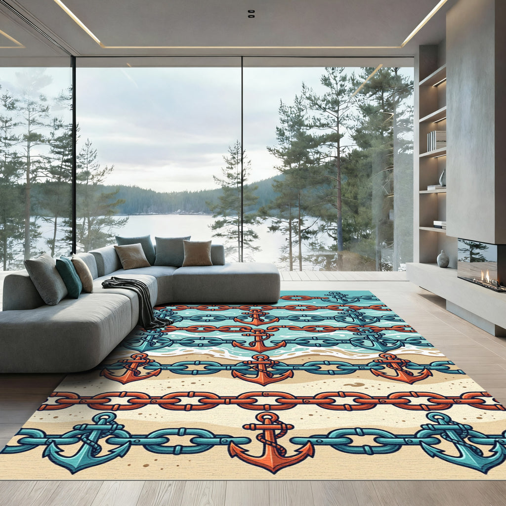 Nautical Anchor and Chain Coastal Horizon Rug