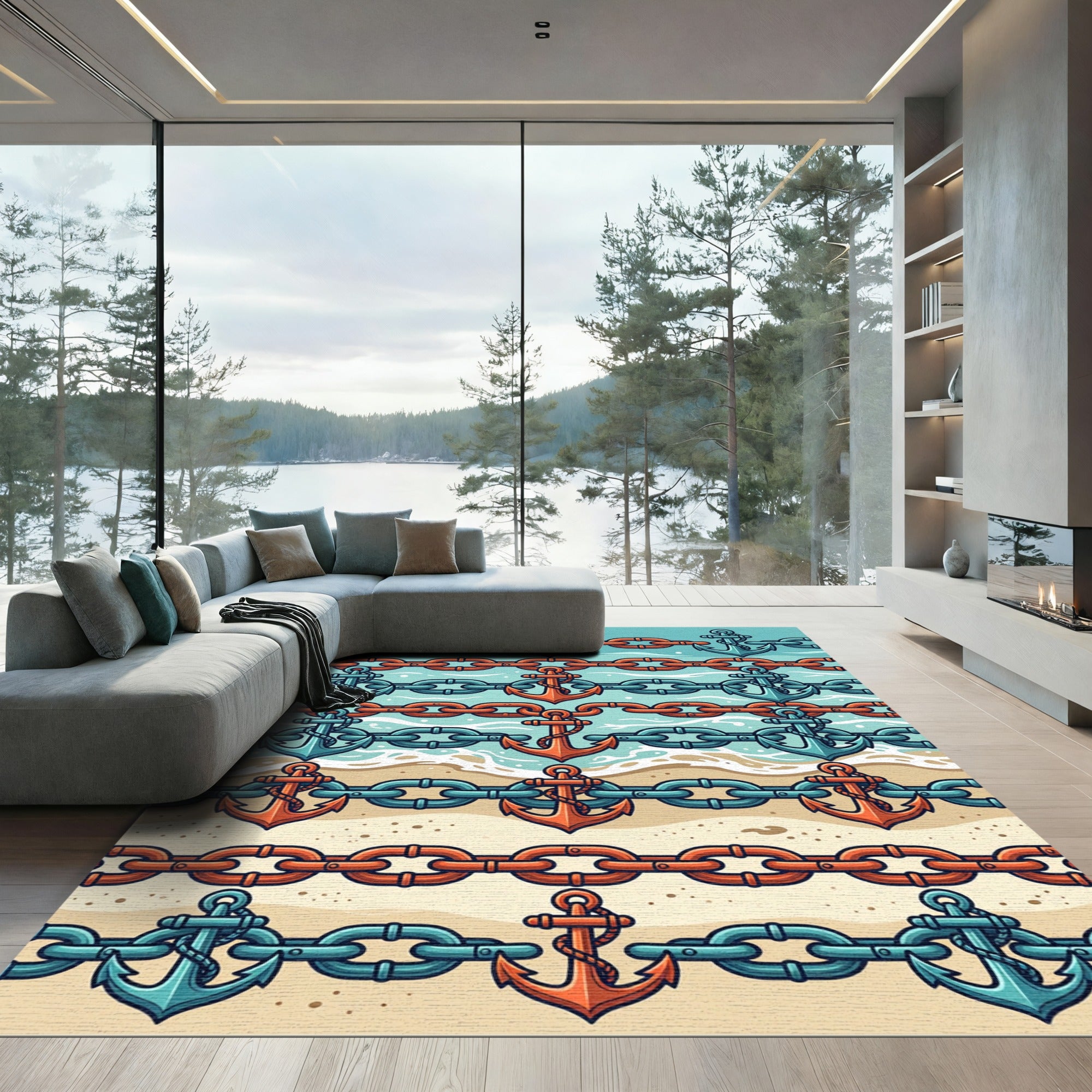 Nautical Anchor and Chain Coastal Horizon Rug