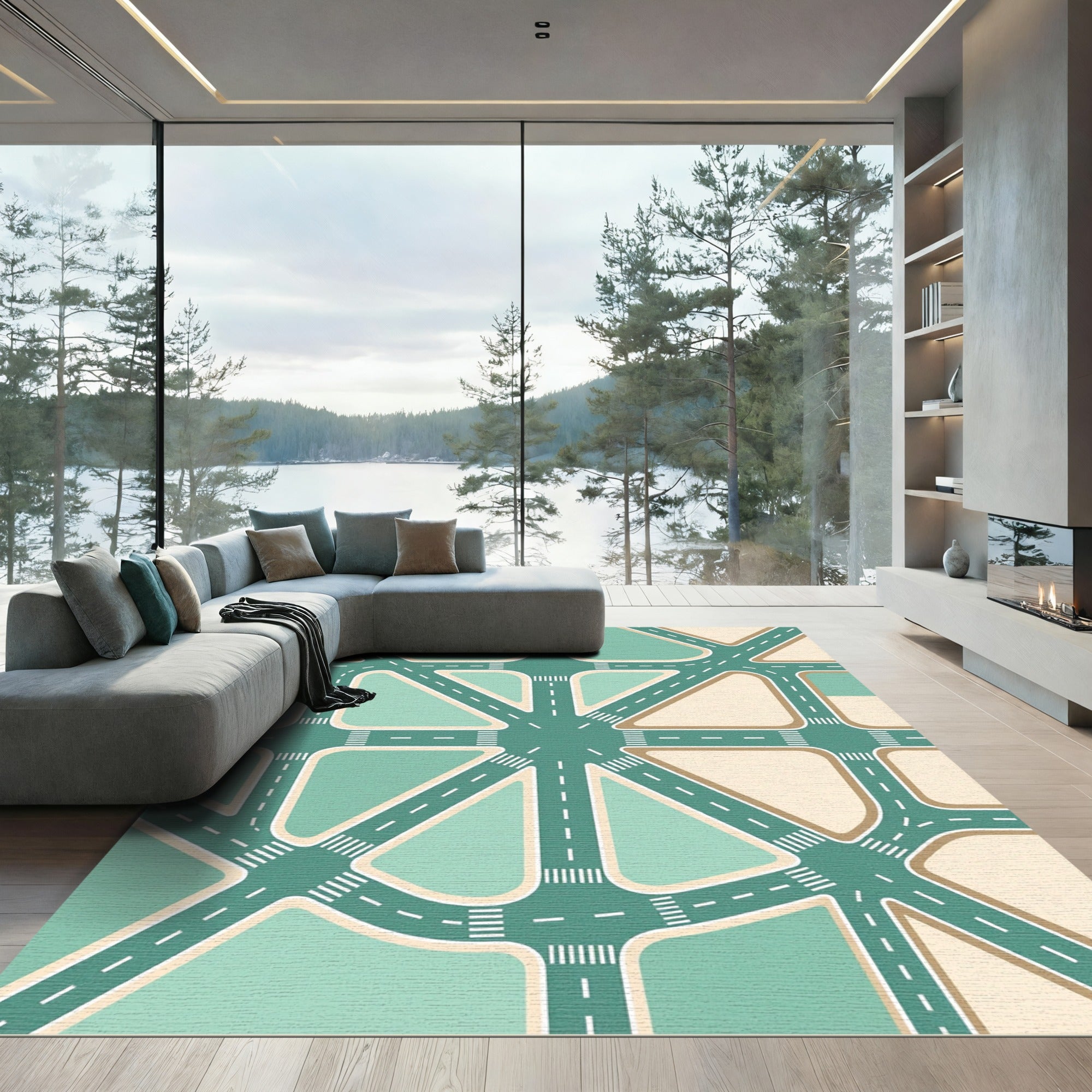 Modern Mint Green Geometric Road Network Rug