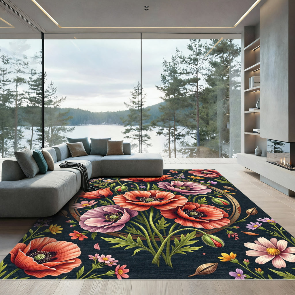 Vibrant Botanical Poppy Meadow Circle Rug