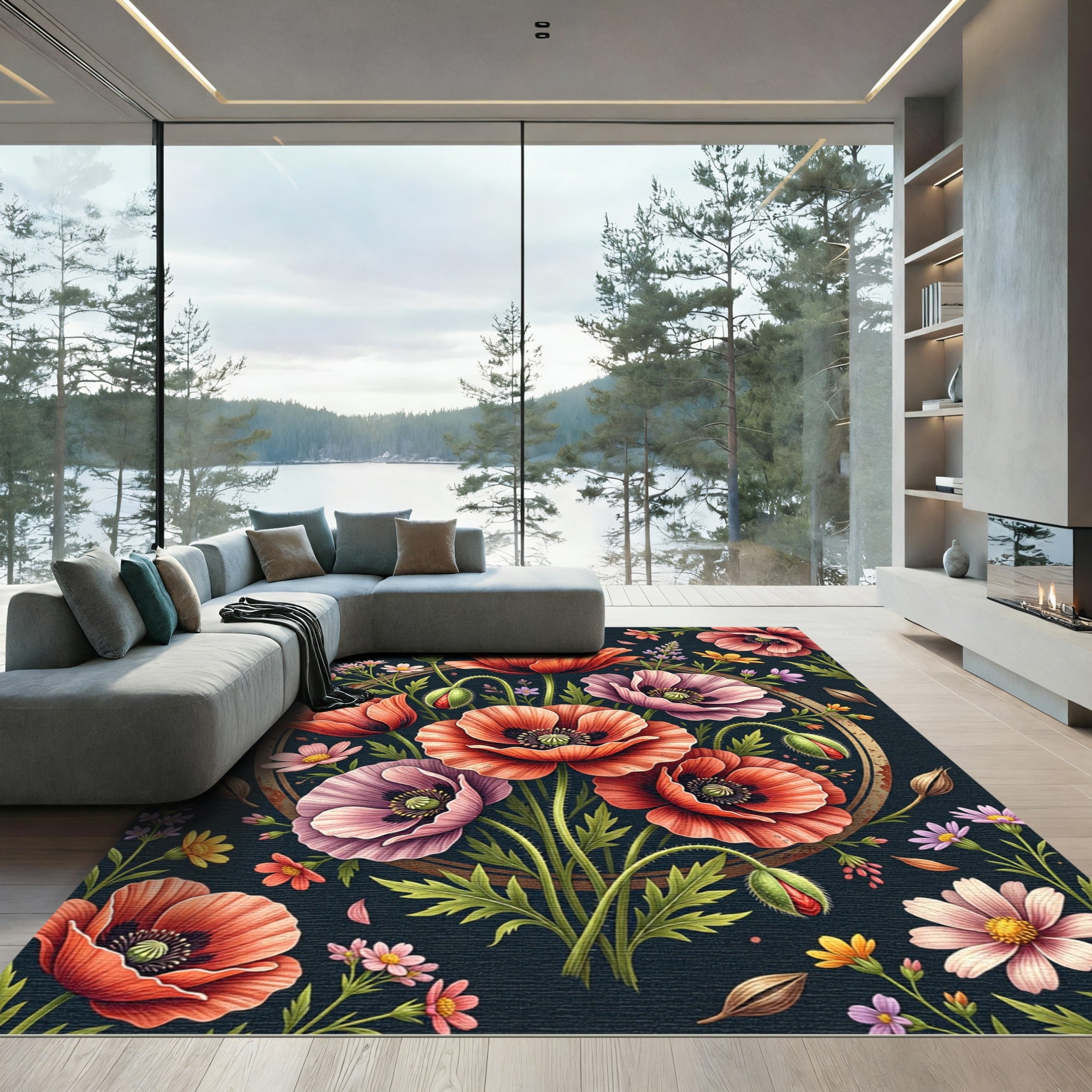Vibrant Botanical Poppy Meadow Circle Rug