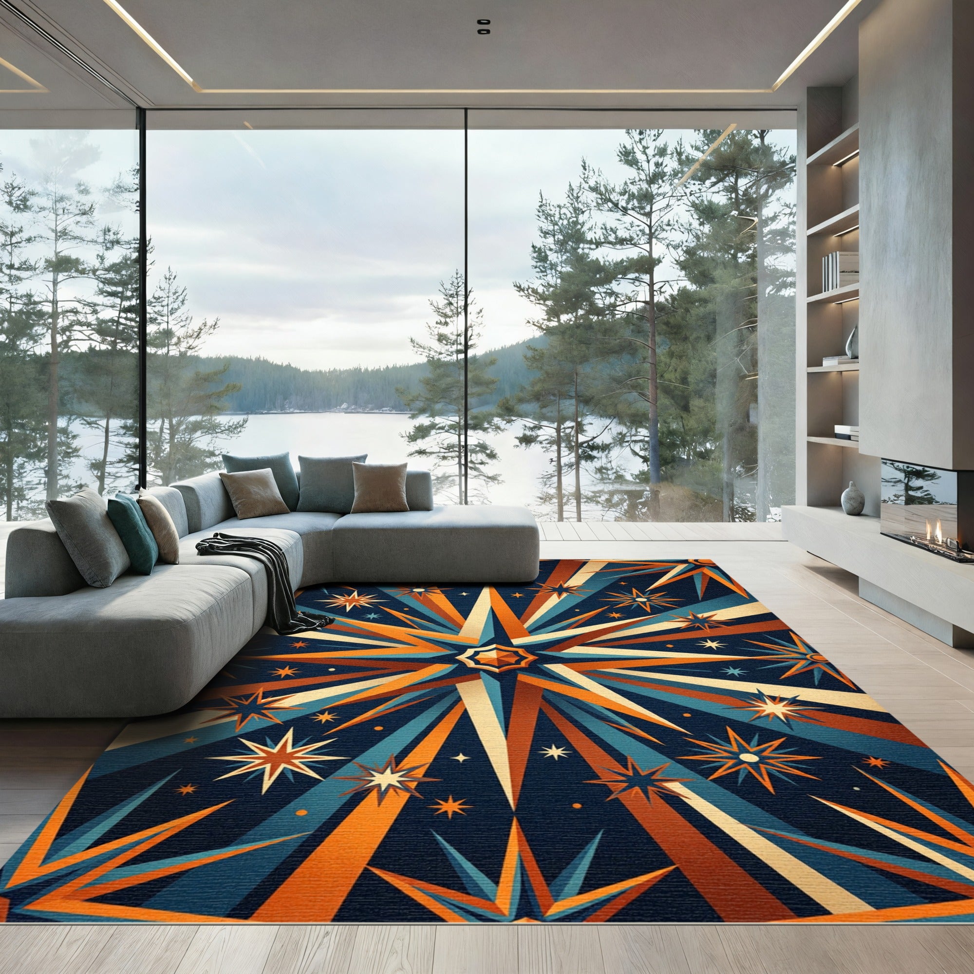 Celestial Orange Blue Geometric Starburst Rug