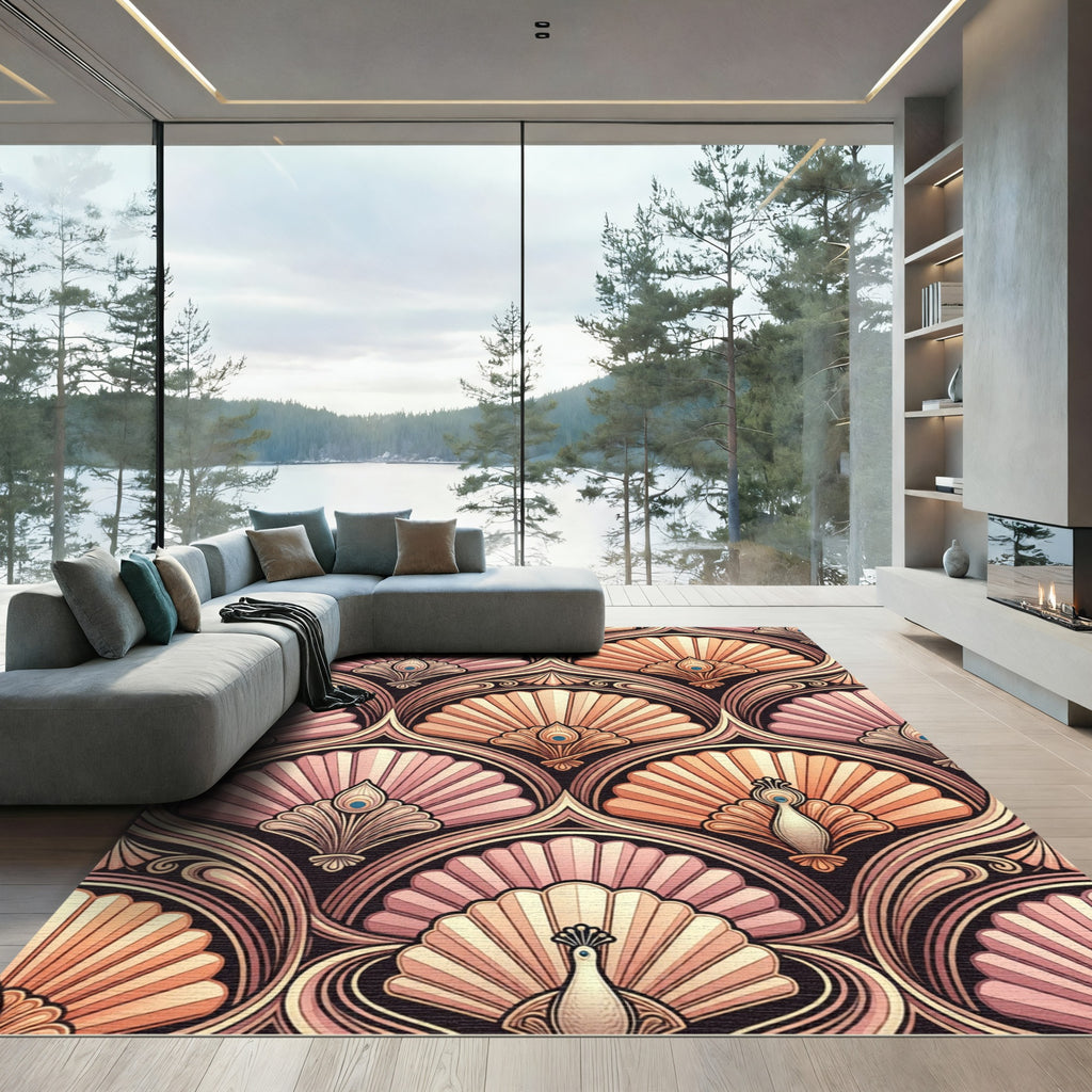 Art Deco Peacock Fan Rose Gold Rug