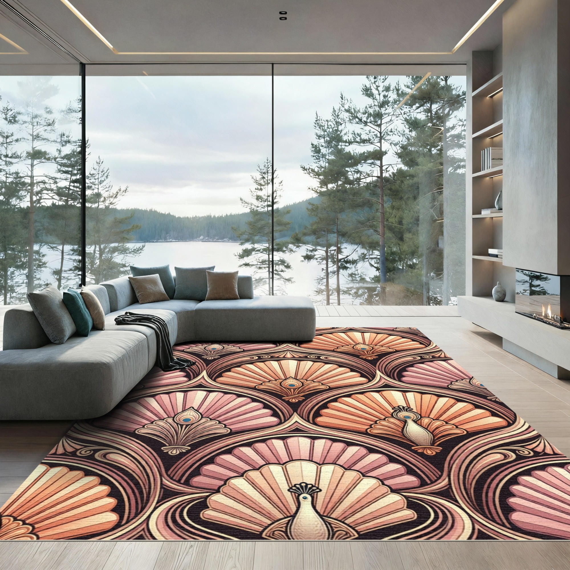 Art Deco Peacock Fan Rose Gold Rug