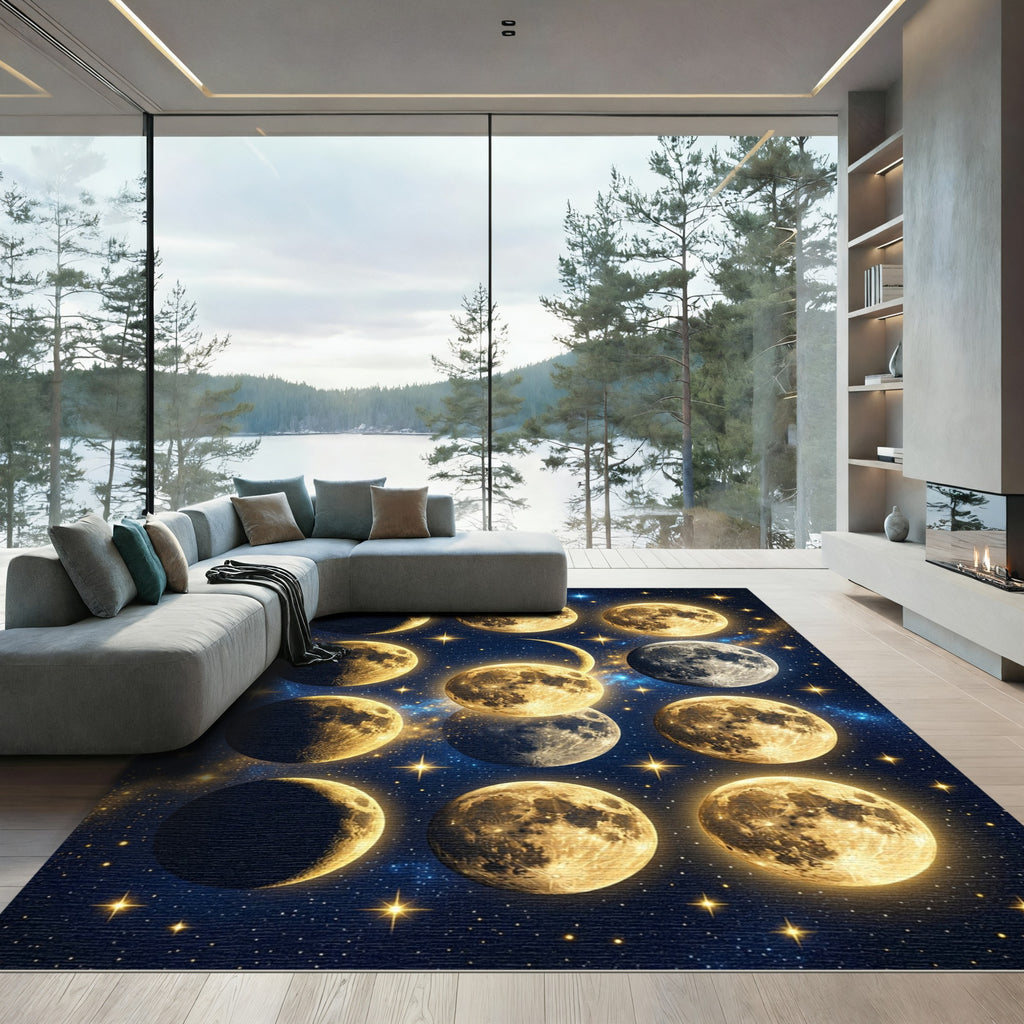 Golden Celestial Moon Phase Galaxy Rug