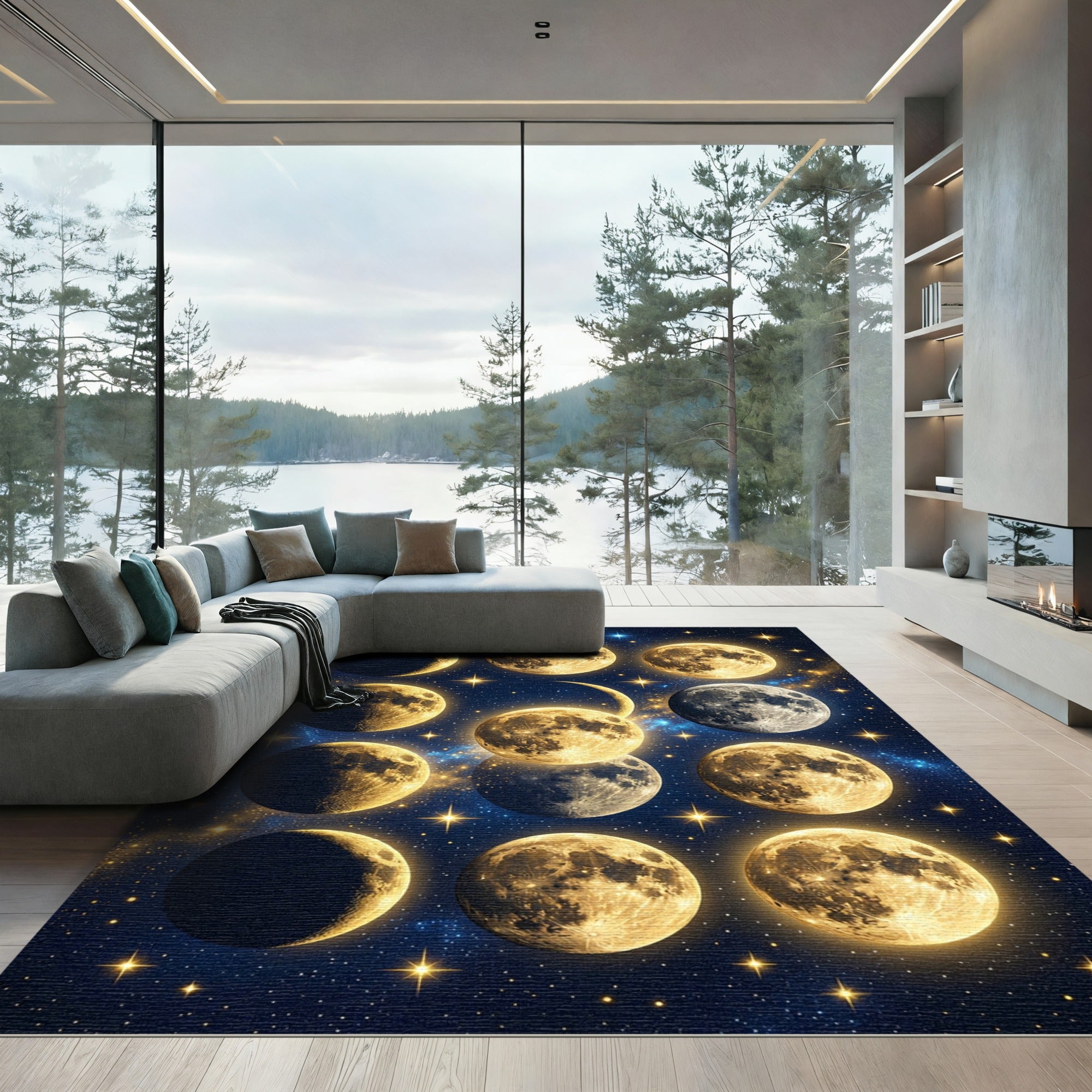 Golden Celestial Moon Phase Galaxy Rug