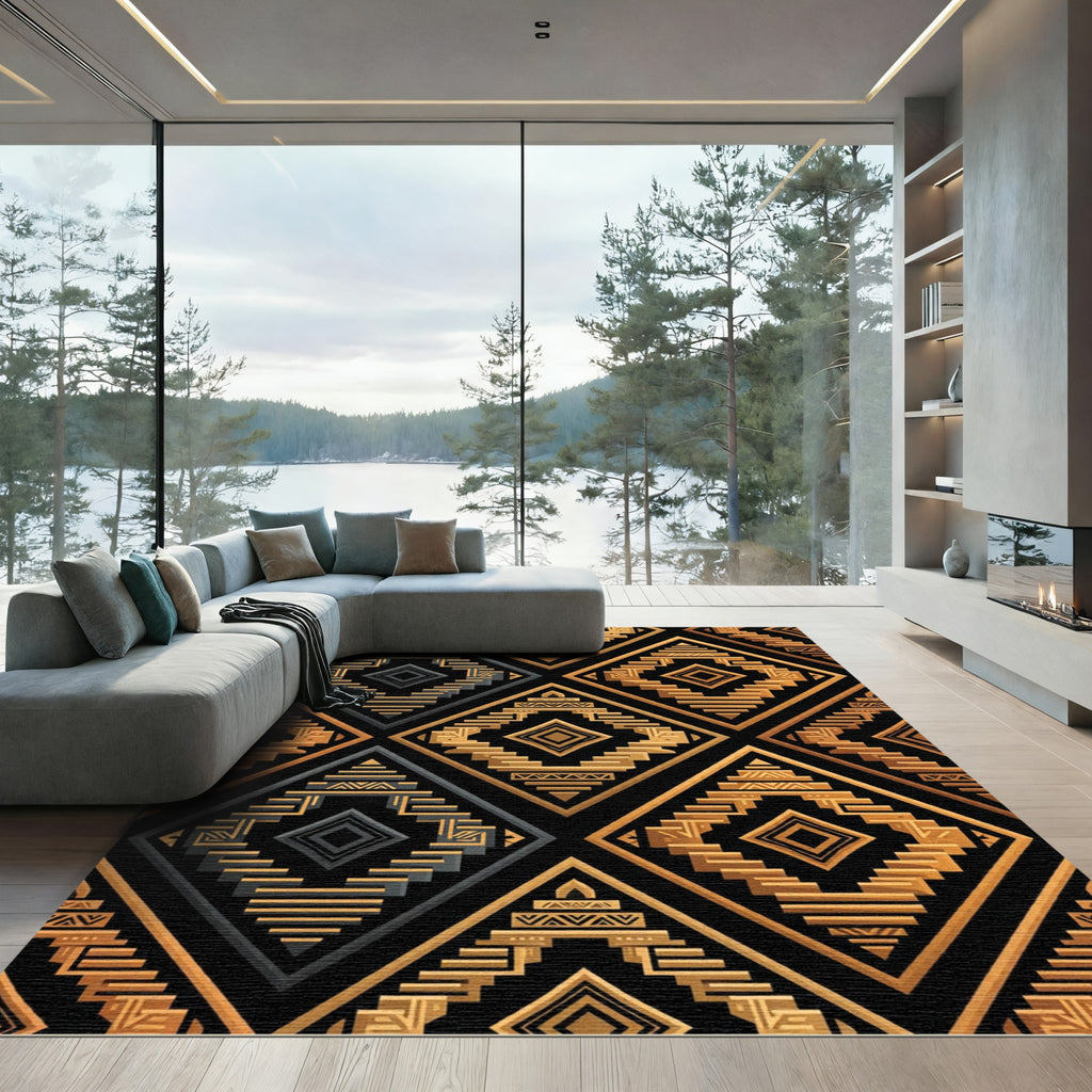 Gold and Charcoal Geometric Aztec Diamond Rug