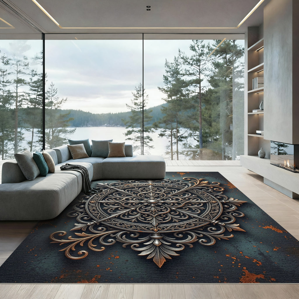 Ornate Silver Floral Medallion Rug