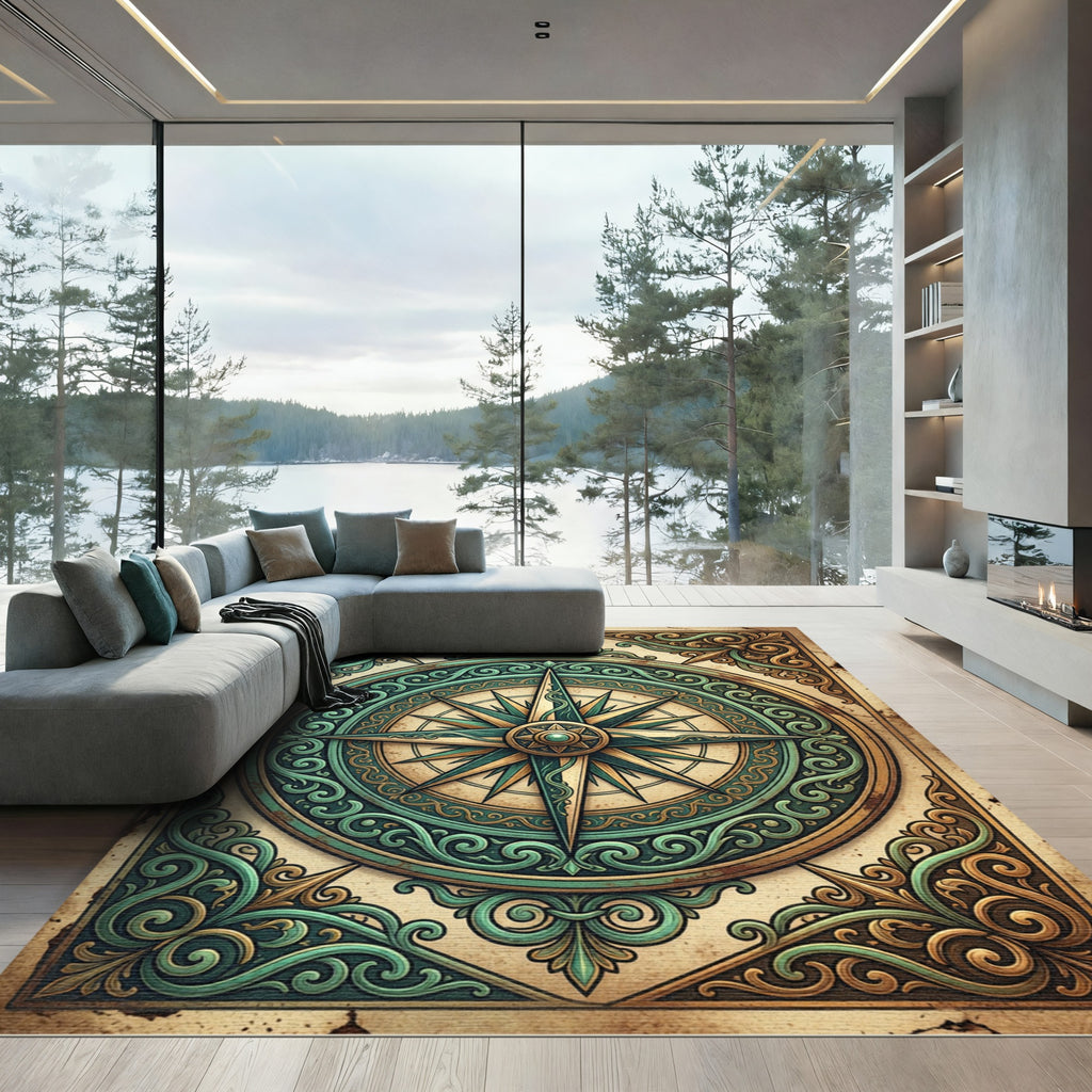 Vintage Emerald Compass Gold Scroll Rug