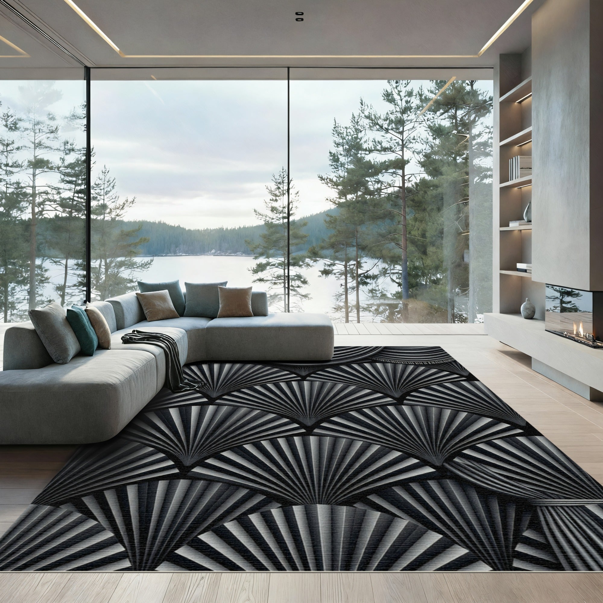 Black Fan Art Deco Drapery Rug