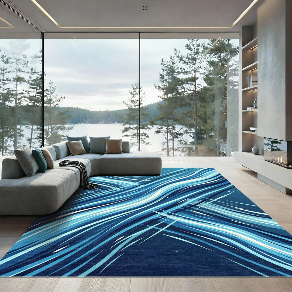 Deep Blue Abstract Flowing Lines Rug