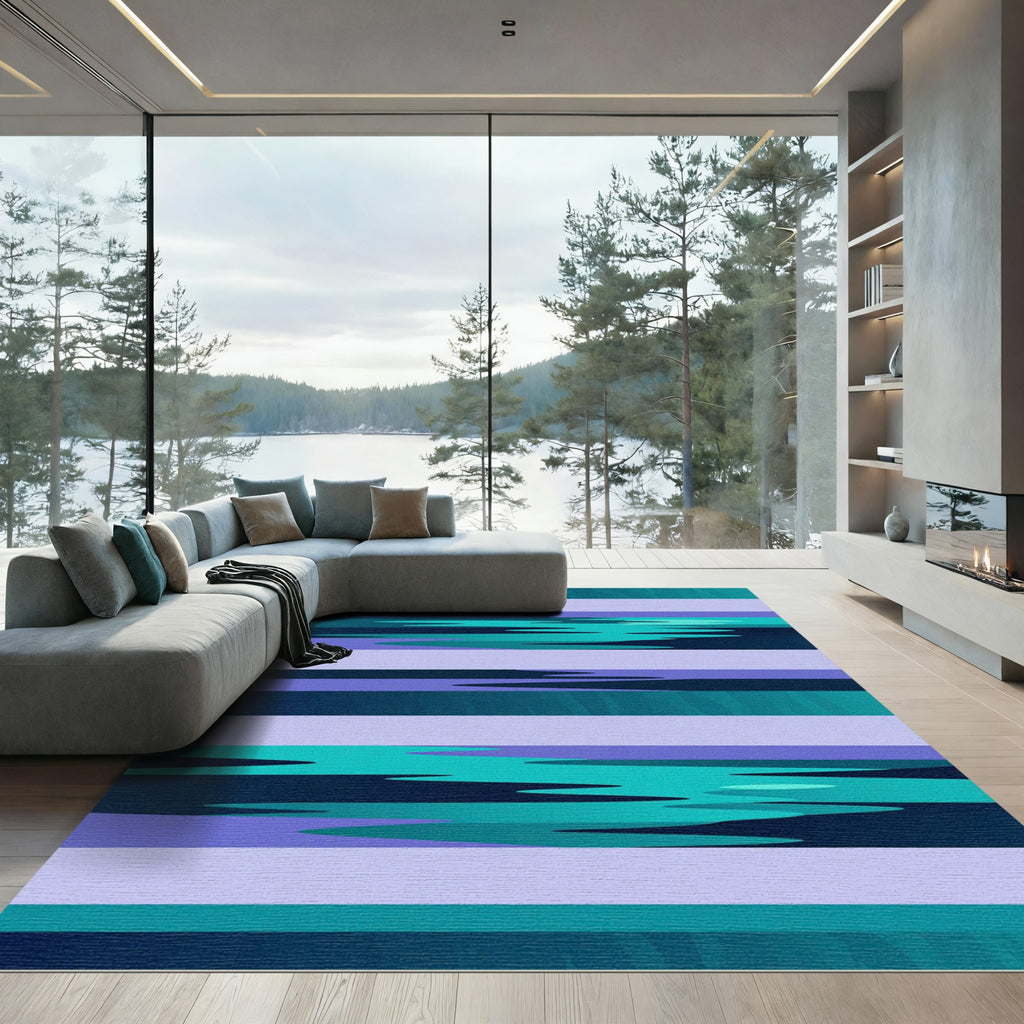 Modern Teal Blue Gradient Linear Art Rug