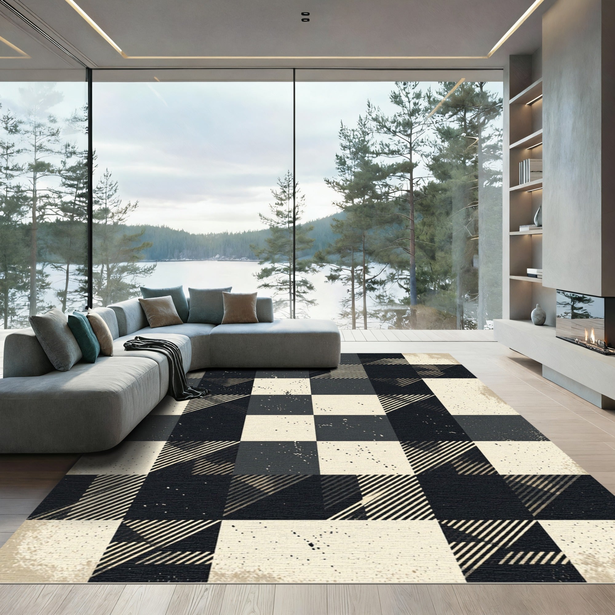 Distressed Plaid Geometric Square Rug