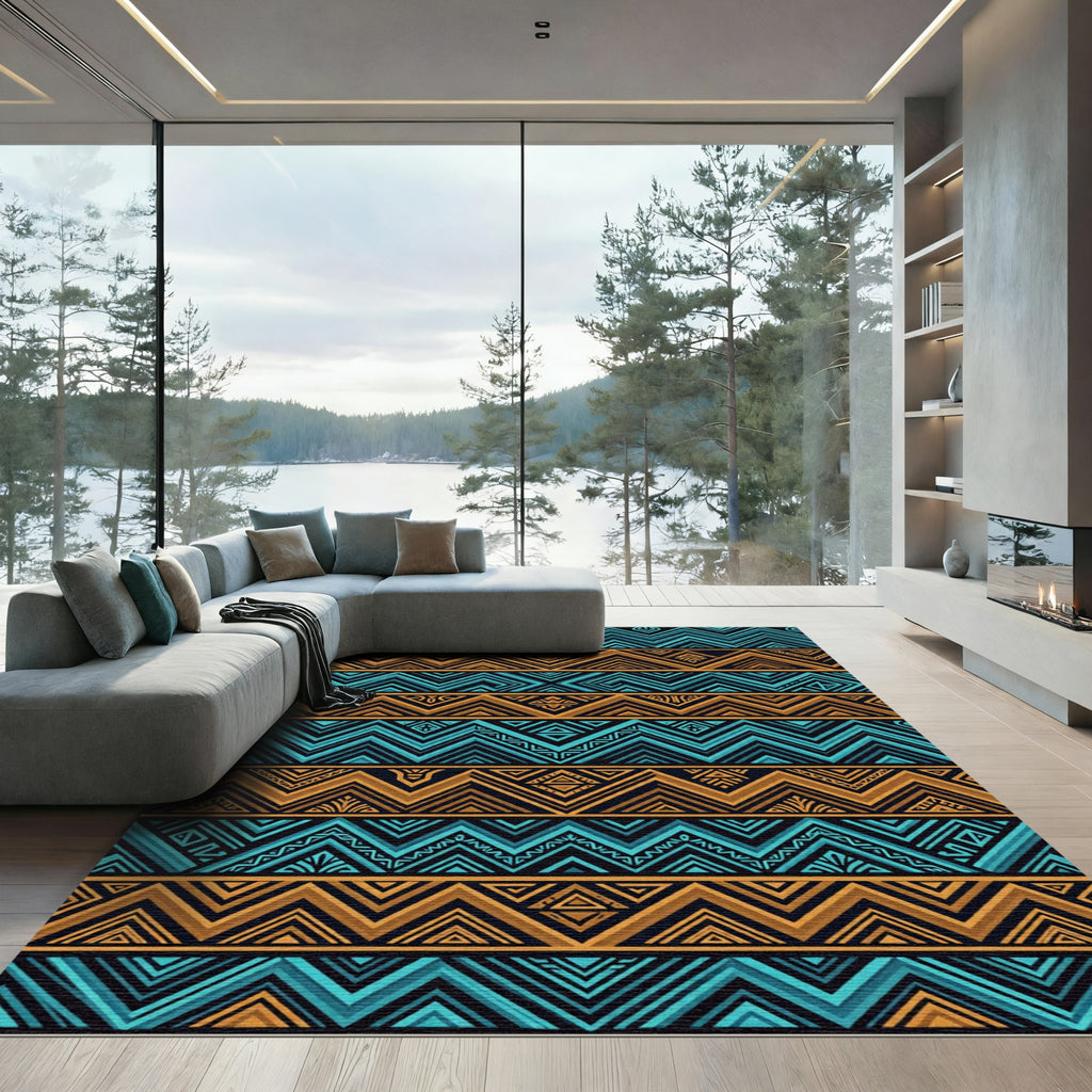 Geometric Aqua and Bronze Zigzag Chevron Rug