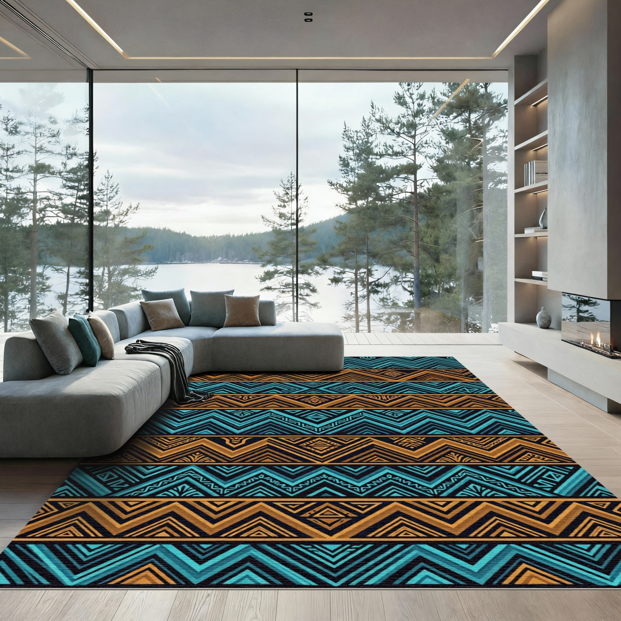 Geometric Aqua and Bronze Zigzag Chevron Rug
