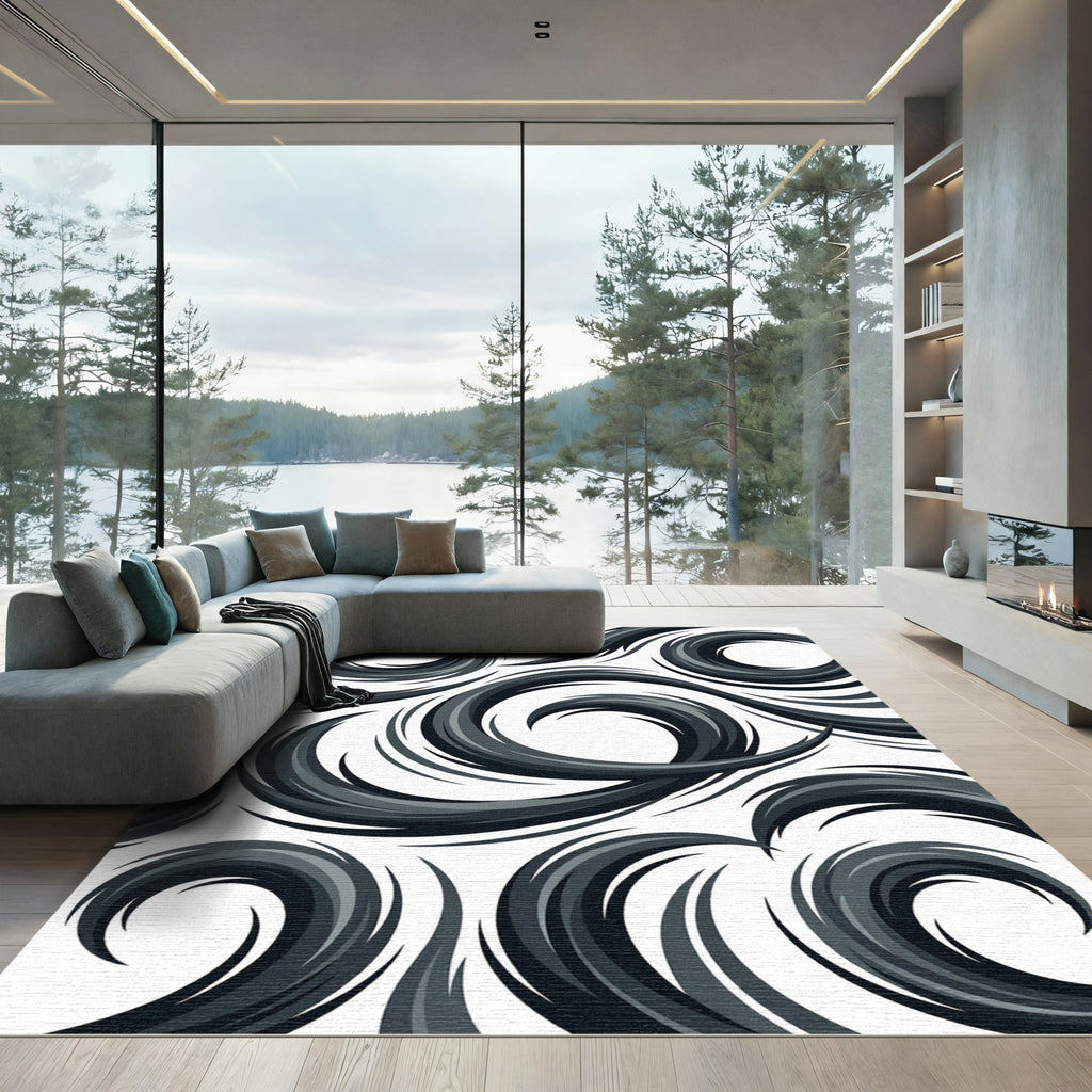 Sophisticated Monochrome Abstract Swirl Rug