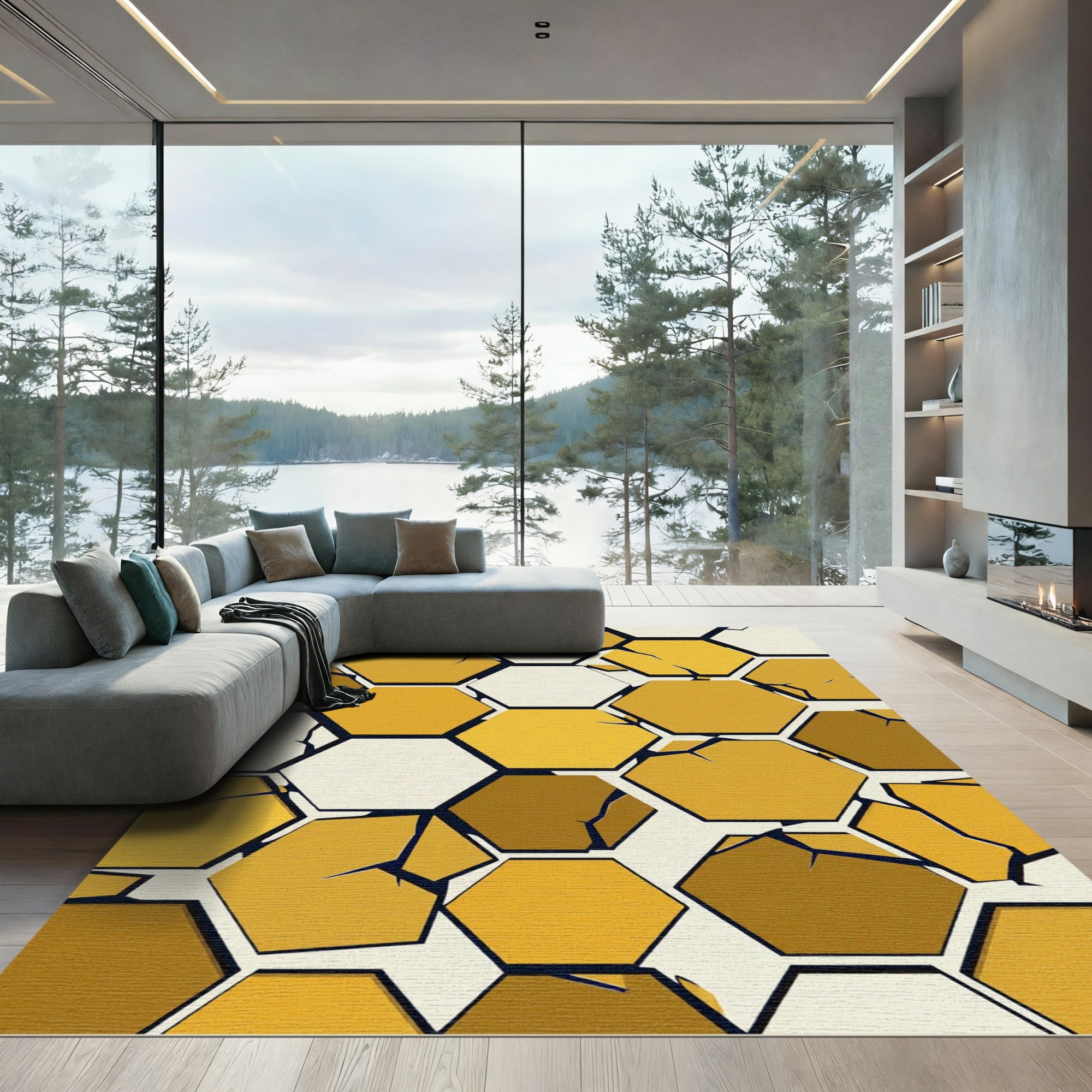 Golden Geometric Hexagon Shard Abstract Rug