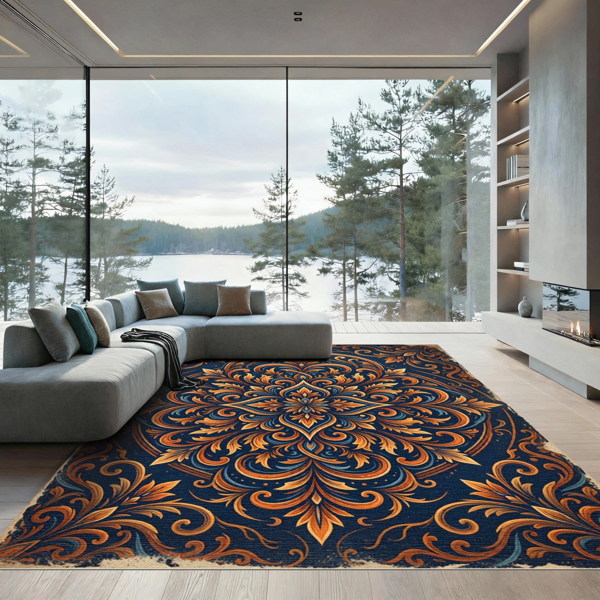 Elegant Amber Floral Medallion Navy Ornate Rug