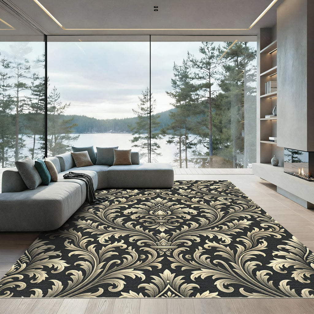 Elegant Gold Damask Charcoal Scroll Rug