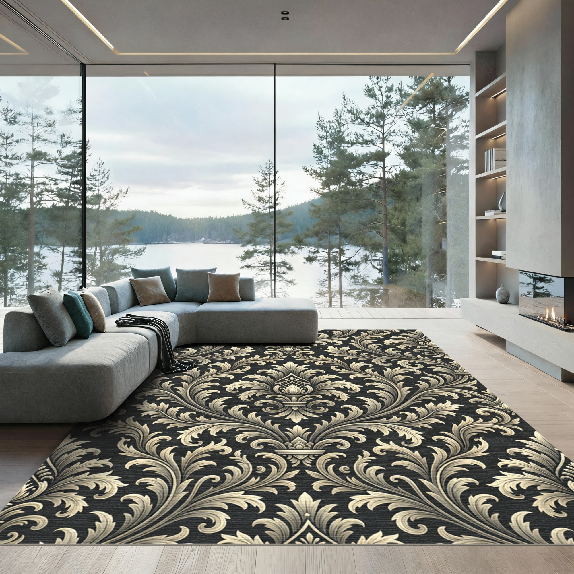 Elegant Gold Damask Charcoal Scroll Rug