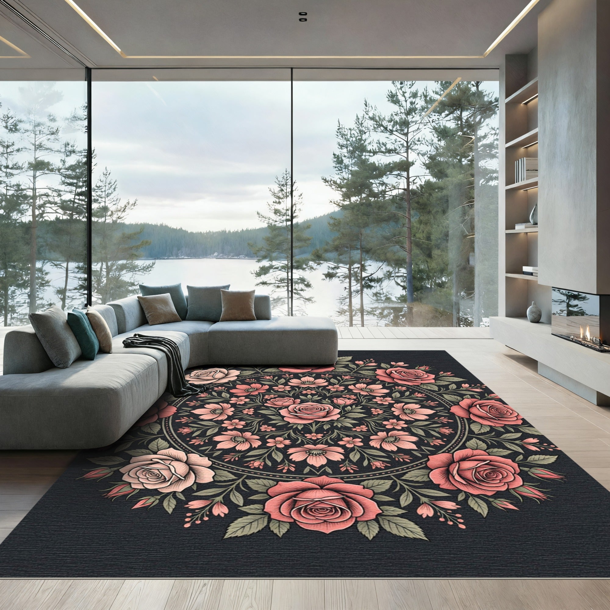 Elegant Pink Rose Floral Mandala Rug