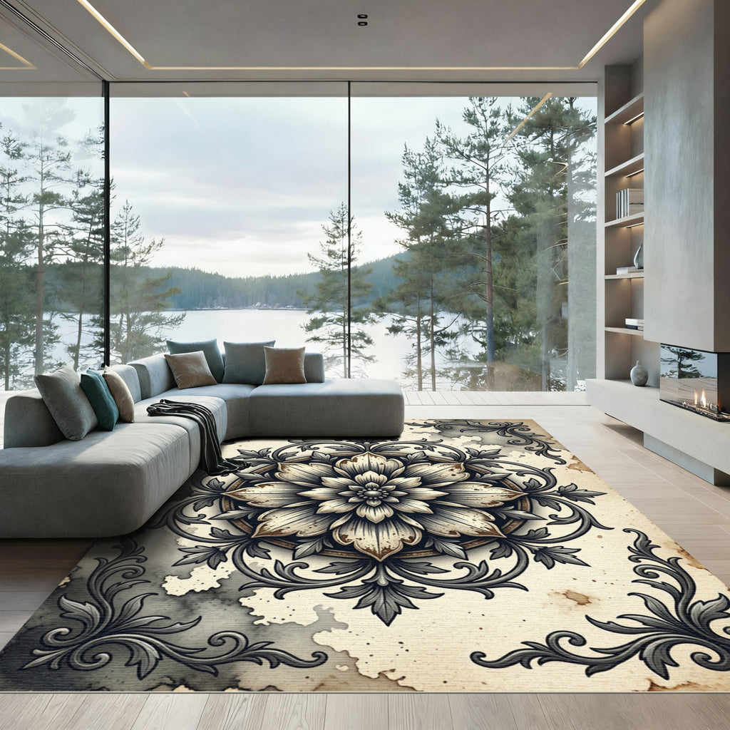 Vintage Antique Floral Medallion Charcoal Grey Rug
