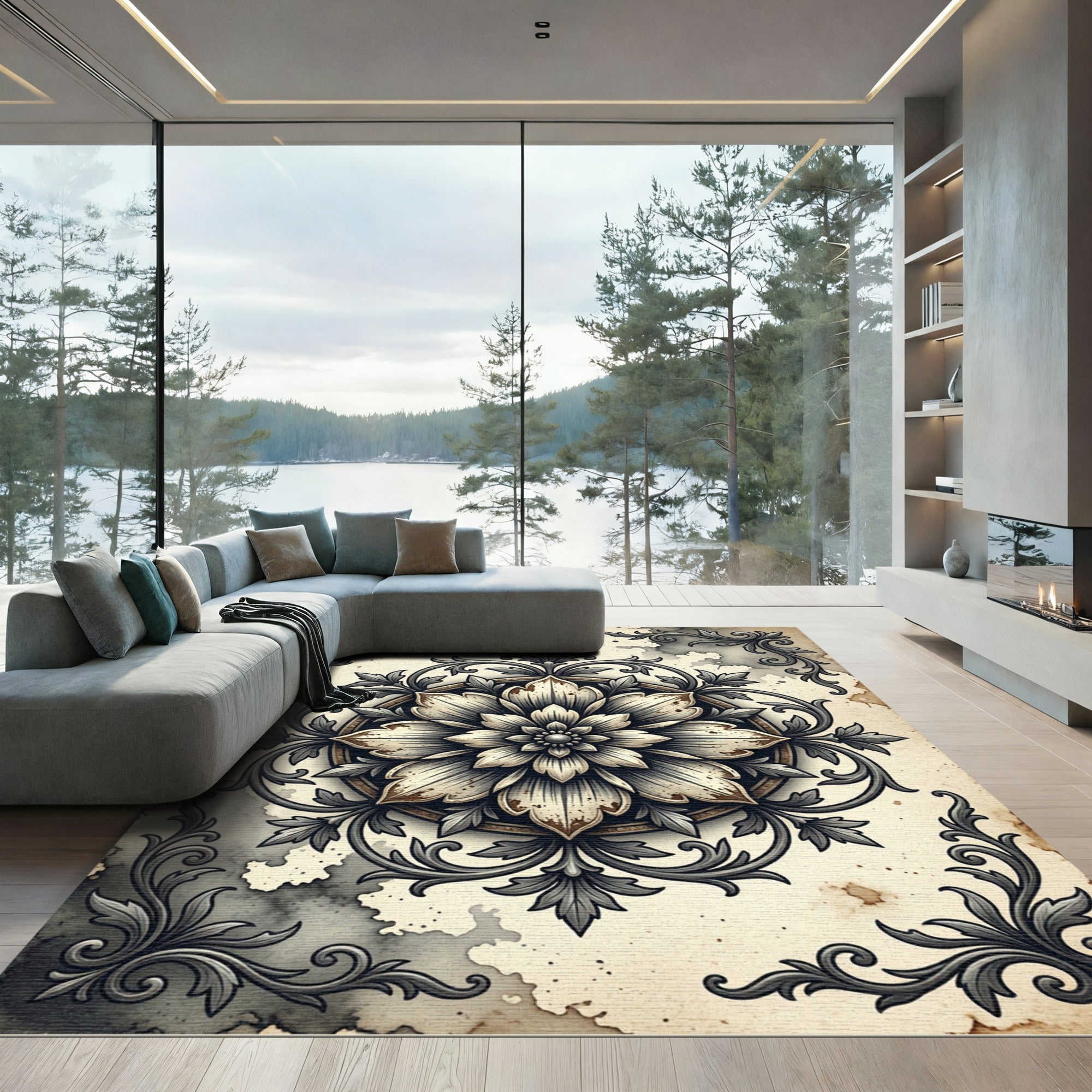 Vintage Antique Floral Medallion Charcoal Grey Rug