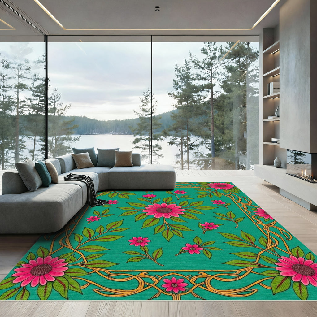 Vibrant Pink Floral Nature Vines Rug