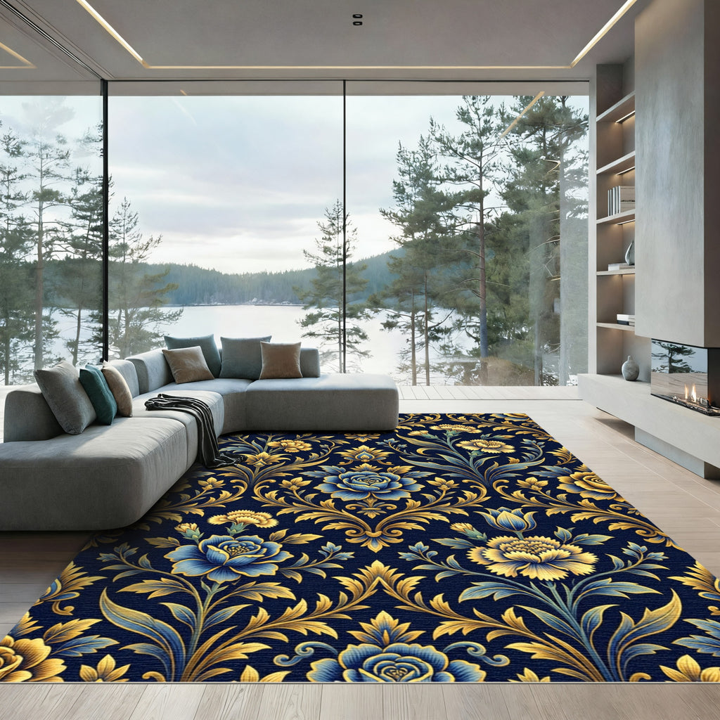 Golden Floral Damask Navy Blue Rug