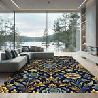 Golden Floral Damask Navy Blue Rug