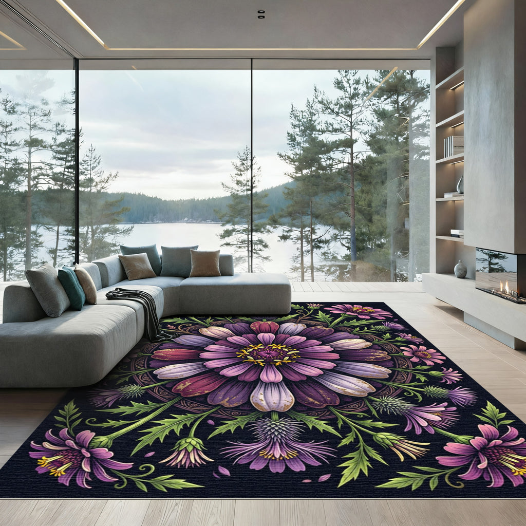 Elegant Purple Botanical Mandala Floral Rug