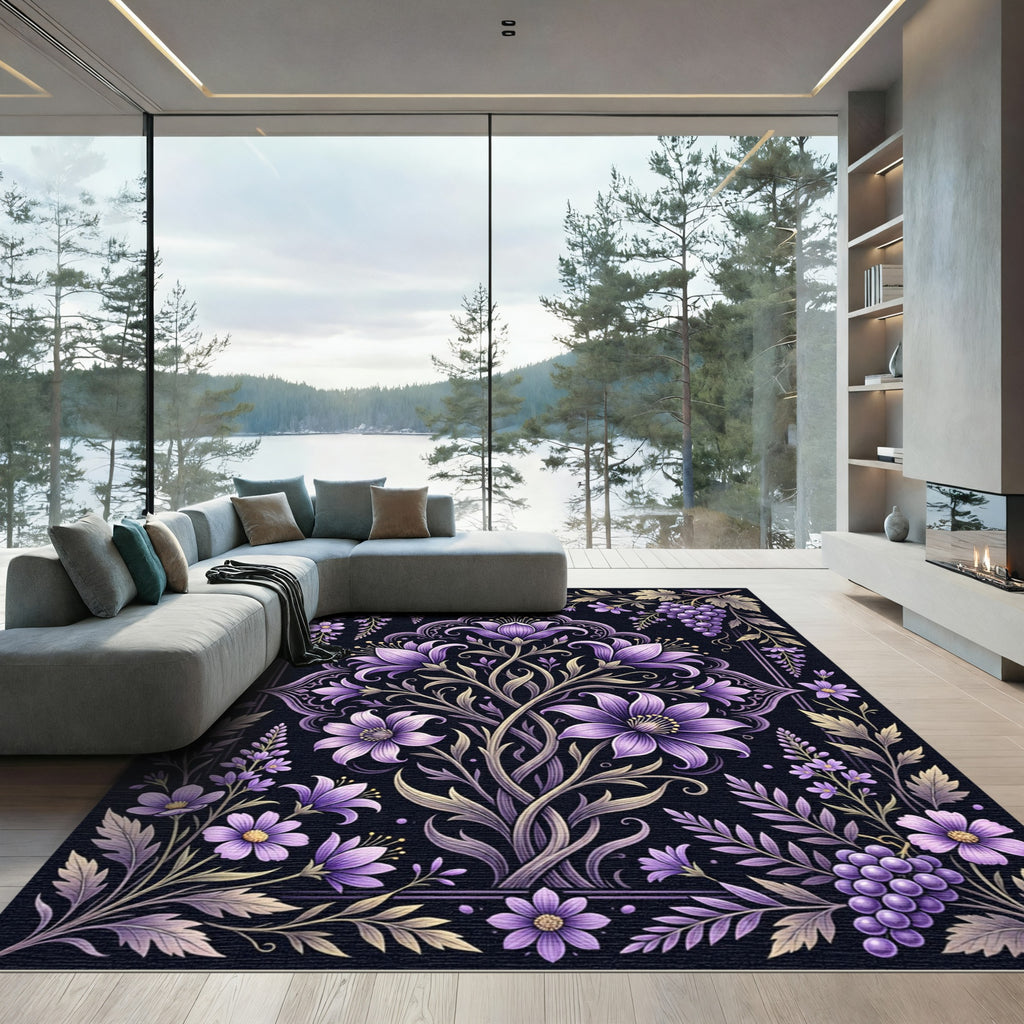 Elegant Purple Floral Botanical Garden Rug