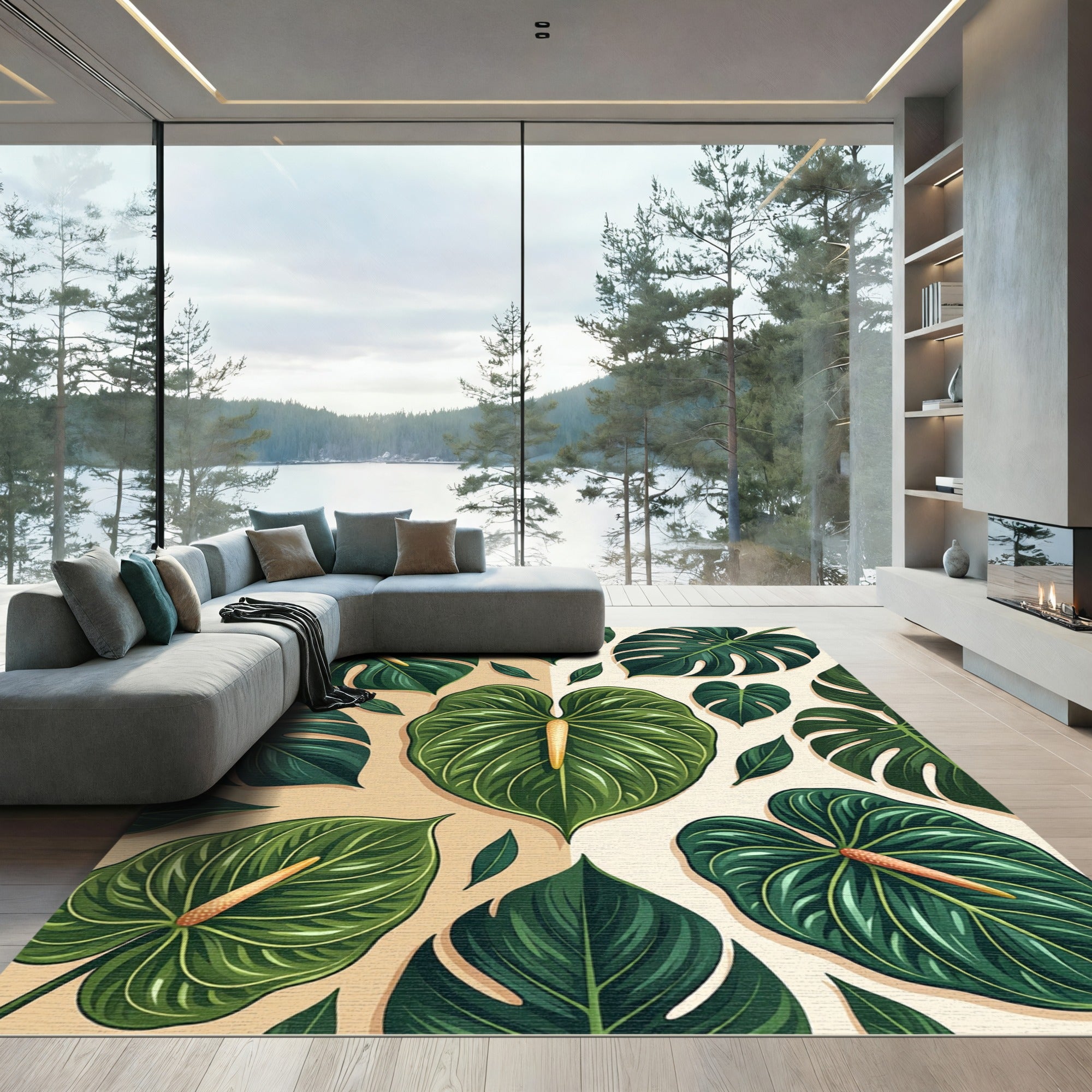 Lush Verdant Tropical Botanical Foliage Rug