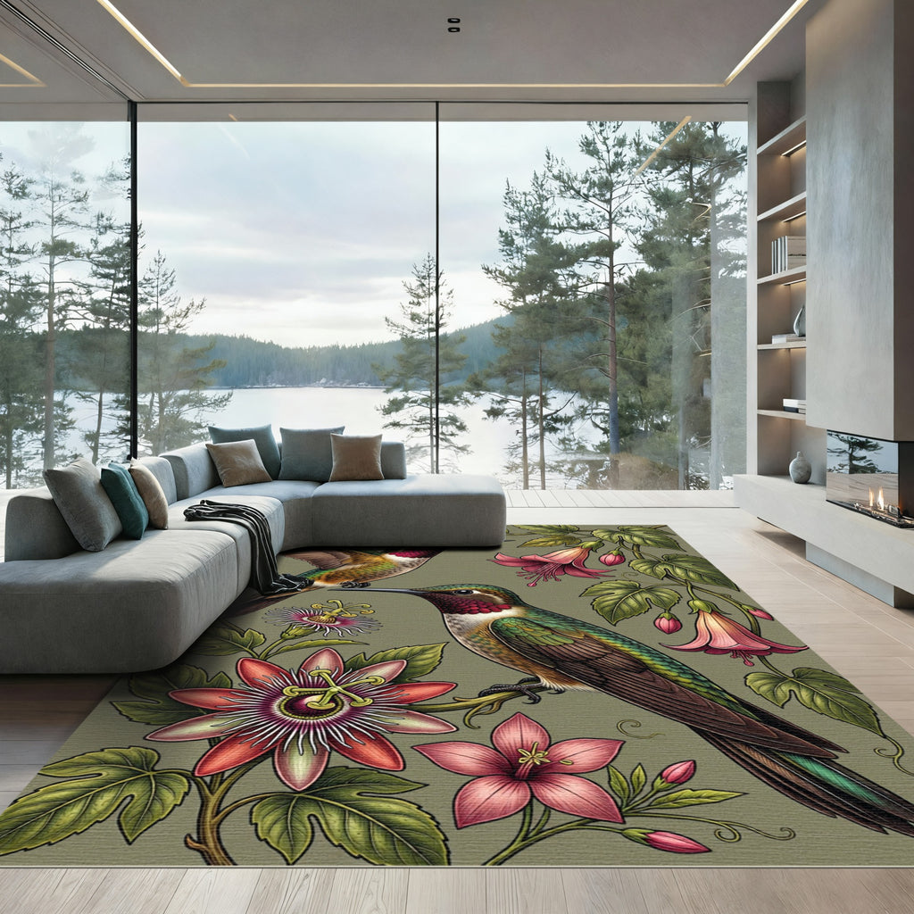 Hummingbird Botanical Garden Floral Illustration Rug