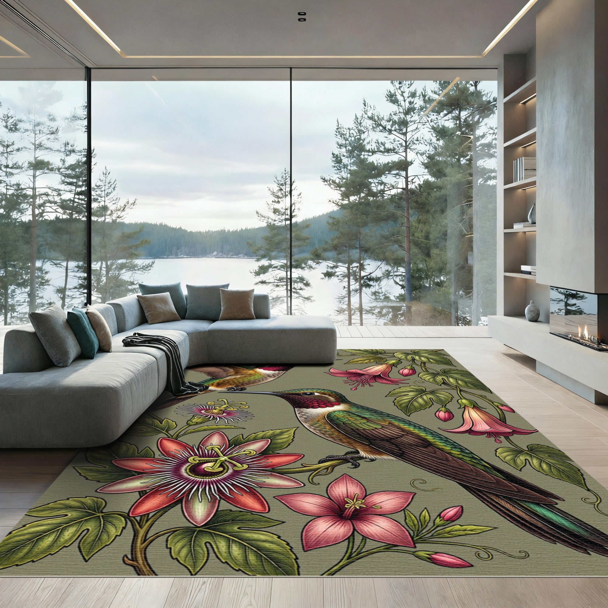 Hummingbird Botanical Garden Floral Illustration Rug