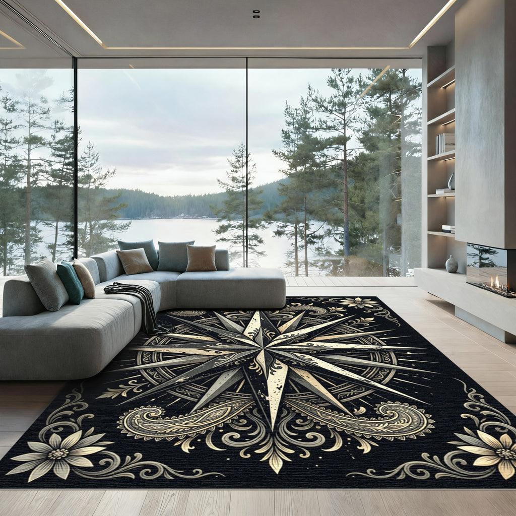 Monochrome Victorian Compass Floral Medallion Rug