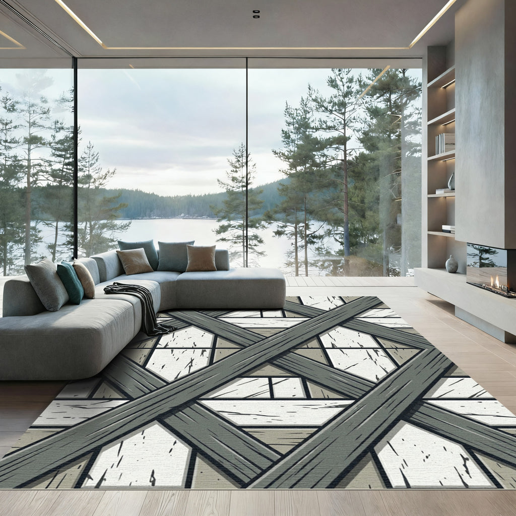 Gray Wood Lattice Over White Stone Rug