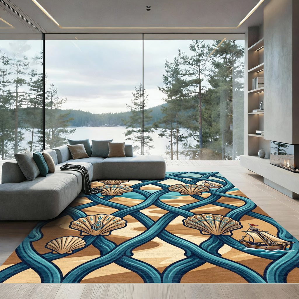 Seashell Coastal Blue Intertwined Wave Art Rug