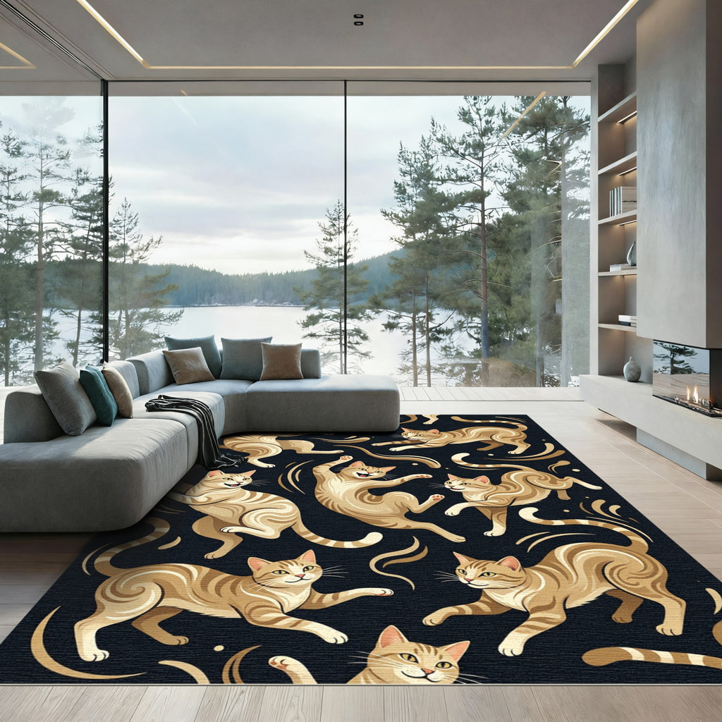 Playful Golden Tabby Cat Silhouette Rug