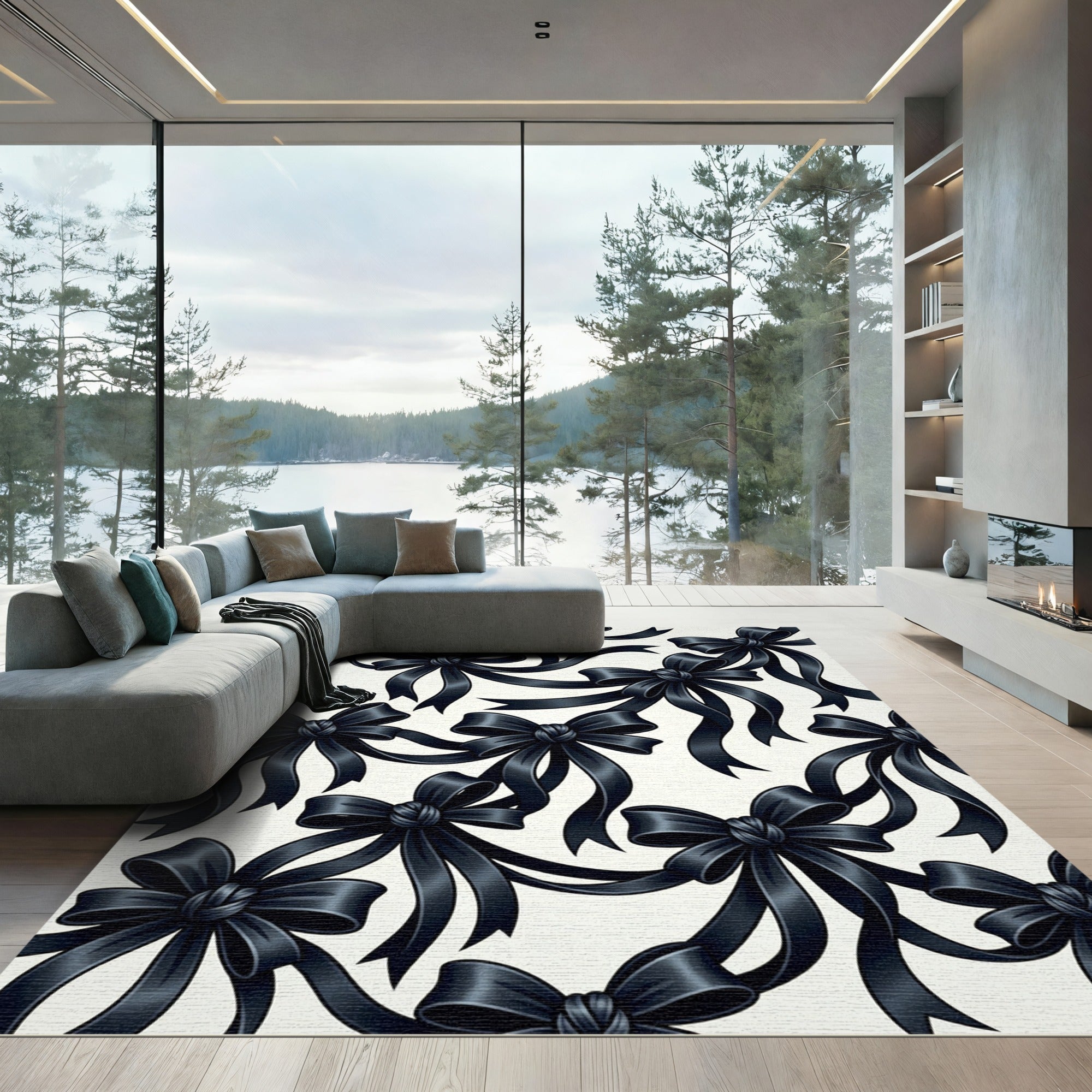 Elegant Black Ribbon Bows Rug