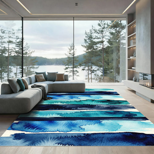 Abstract Watercolor Ocean Blue Striped Rug