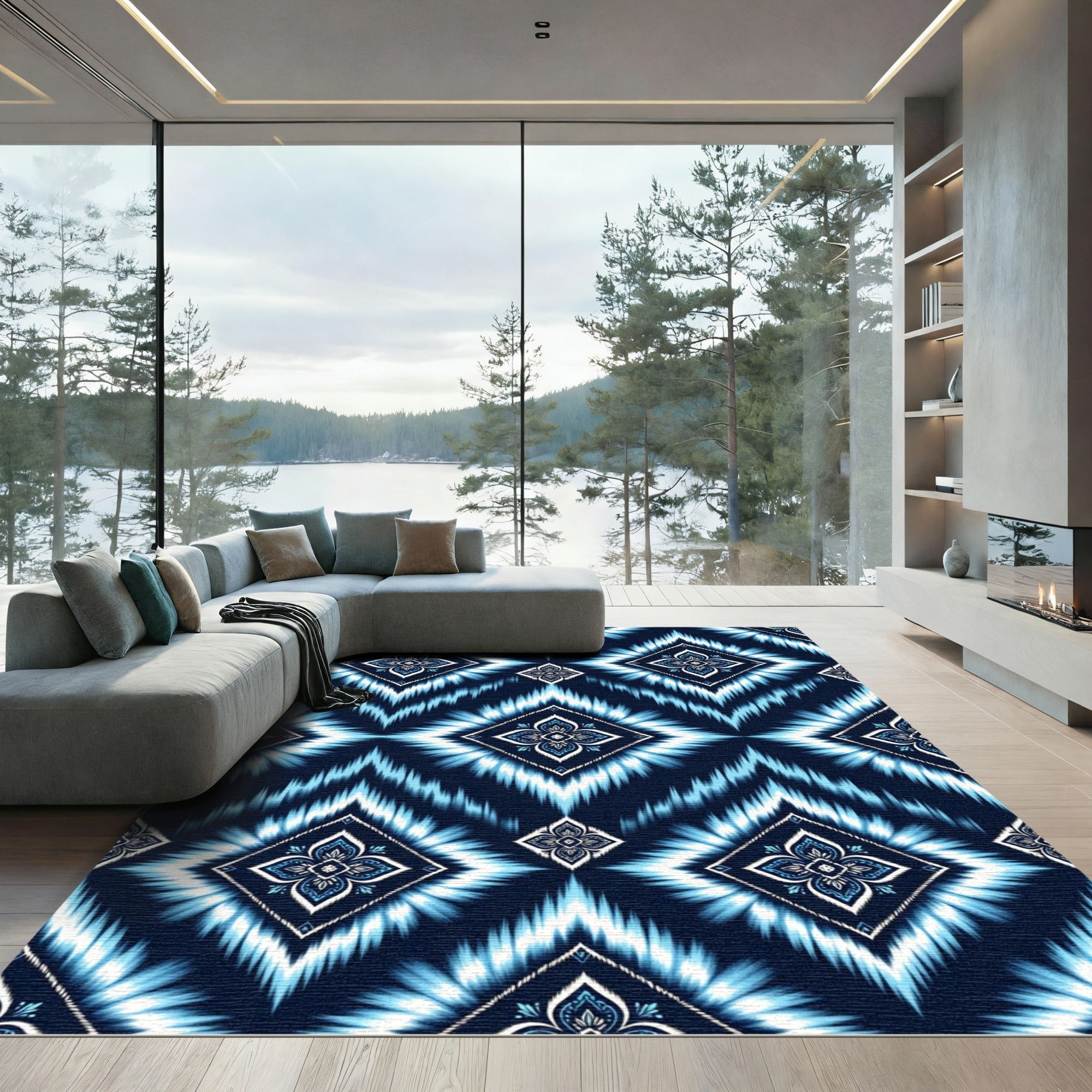 Deep Blue White Ikat Diamond Medallion Rug