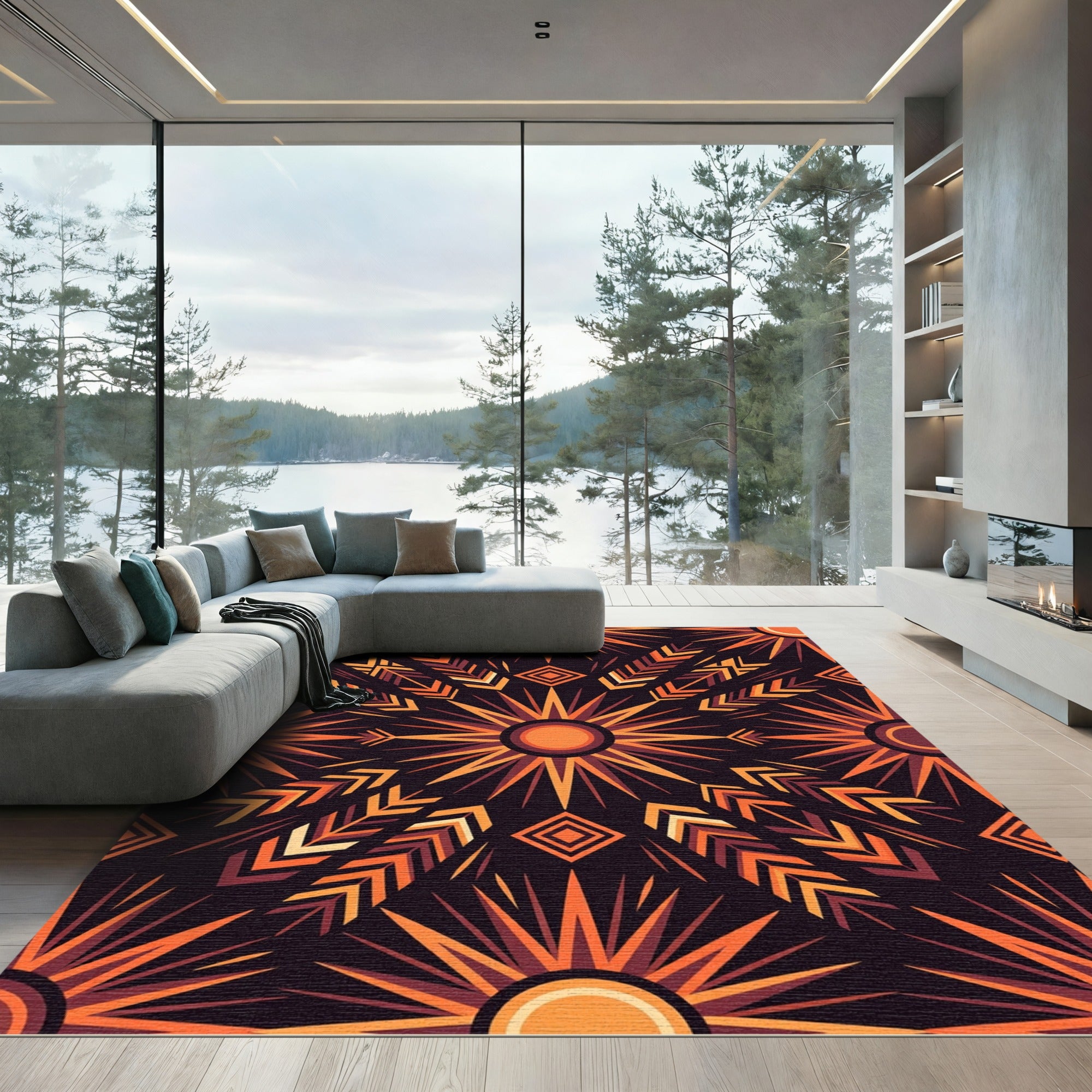 Radial Terracotta Sunburst Geometric Art Rug
