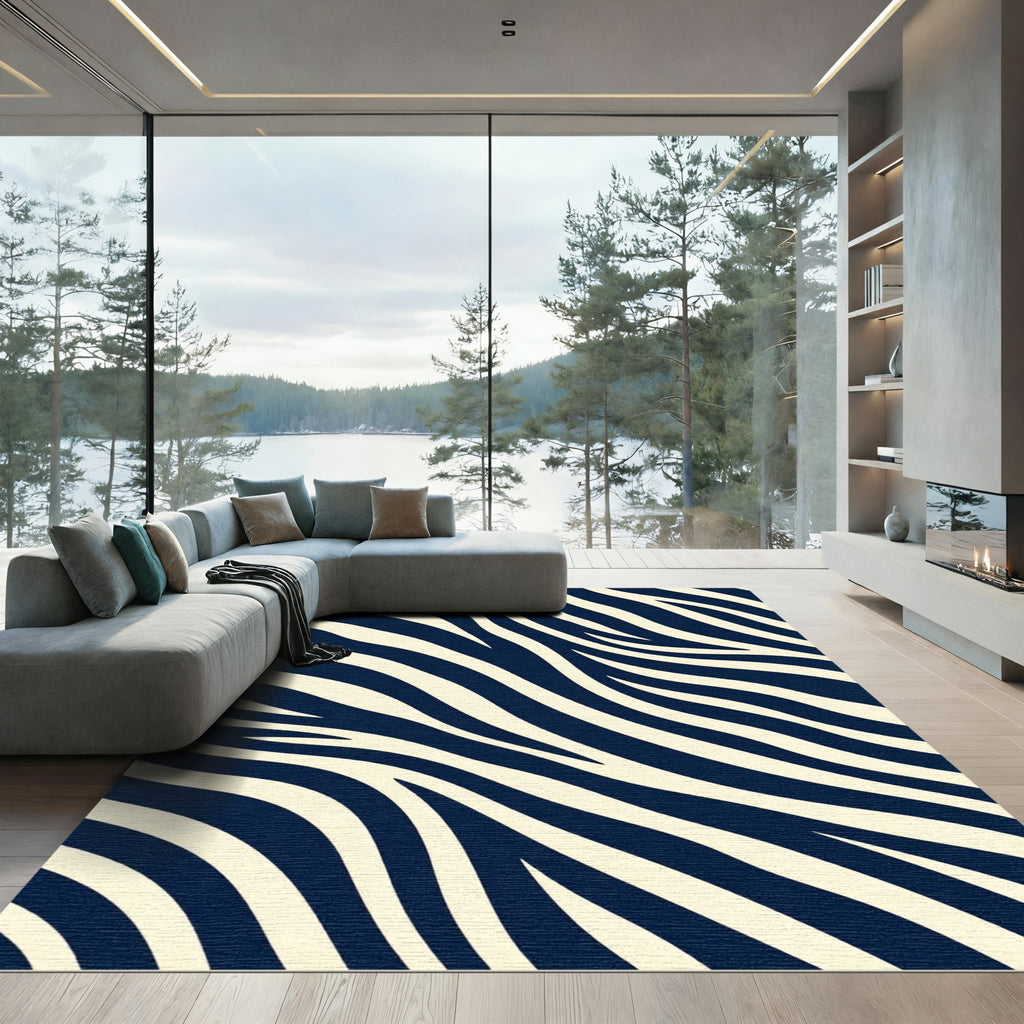 Midnight Navy Zebra Animal Stripe Rug