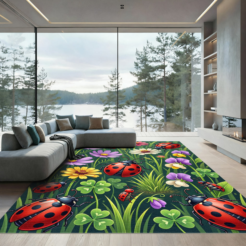Whimsical Ladybug Flower Meadow Garden Rug